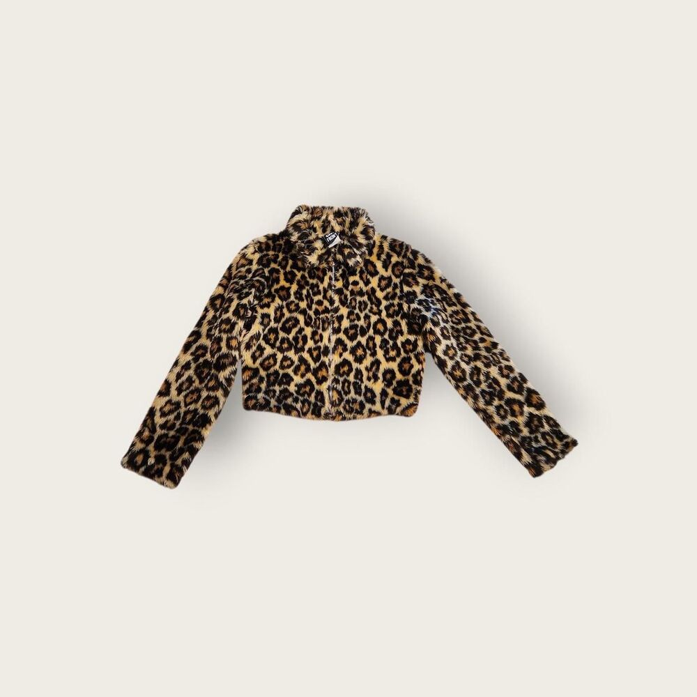Vintage 90s Up Front brown cheetah print fuzzy full zip cropped collared jacket